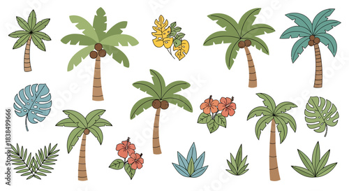 Vibrant tropical arrangement featuring palm trees, monstera leaves, and hibiscus blossoms