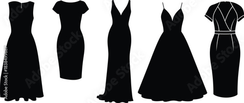 Silhouettes of elegant evening dresses on white background