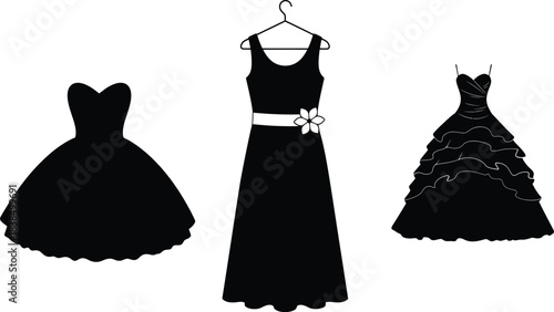 Elegant black dresses hanging fashionably on display racks