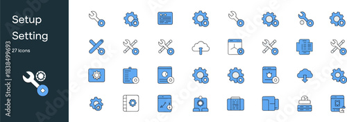 Setup and Setting Icon Collection, Featuring 27 Different Minimal Flat Vector Graphics for Installation, Configuration, Optimization, Technical Maintenance, and Web Service Tools.