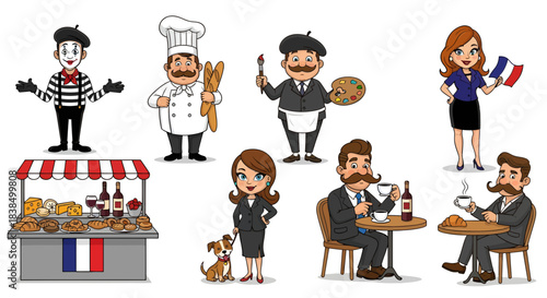 Whimsical depiction of iconic french characters and cultural elements in a cheerful cartoon style