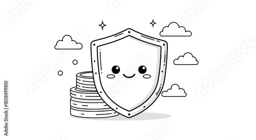 Whimsical financial safeguard illustration with a cute shield protecting savings and investments