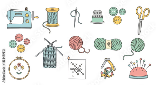 Whimsical handcrafting supplies and tools collection, sewing, knitting and embroidery illustration