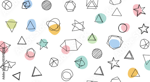 Whimsical geometric pattern with hand-drawn figures and soft pastel-colored spots overlaying a