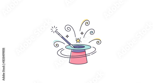 Whimsical magic illustration with a stylized hat, wand and swirling magical effects ideal for