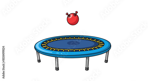 Whimsical illustration featuring a blue trampoline and a bouncing red toy ball