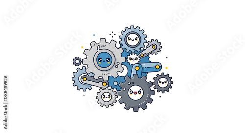 Whimsical gear cluster of interconnected cartoon mechanical elements and expressions