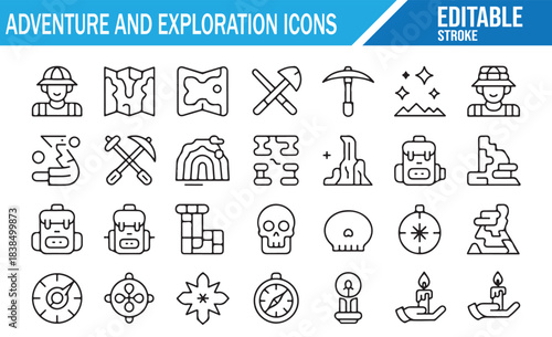 Mountain adventure and trekking editable line icon set