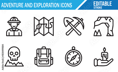 Outdoor exploration and travel outline icon bundle