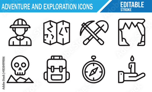 Hiking, camping and adventure gear minimal vector icon collection
