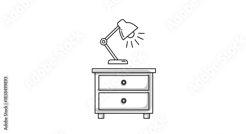Whimsical outline drawing nightstand with lamp shining on top isolated illustration