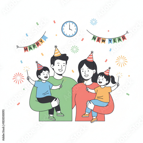 A joyful family celebrates New Year as parents hold their kids while enjoying sparklers and colorful confetti.