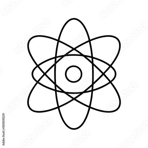 This vector illustration shows the atom symbol icon isolated on white, representing science, chemistry, physics, and nuclear energy with an orbital electron design