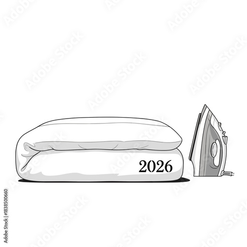 Vector illustration of a pillow with the year 2026 and an iron, humorous concept, monochrome, copy space