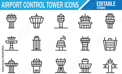 Aviation navigation and airport tower minimal outline vector icon set