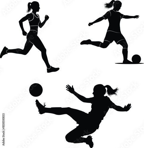 Silhouettes of women playing soccer in dynamic action