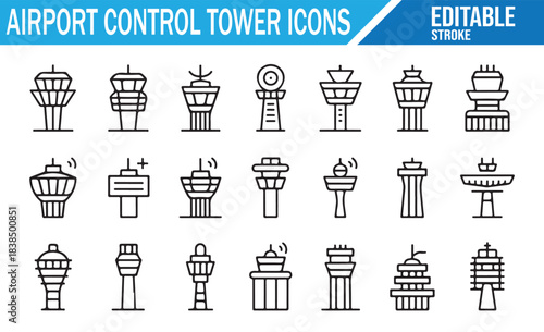 Airport control tower outline icon set with aviation and air traffic symbols