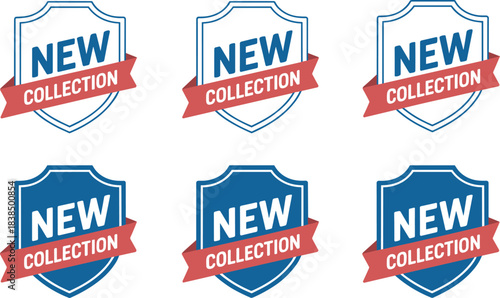 Shield Badge Set Featuring “New Collection” Labels in Blue and White for Product Launch, Branding, and Promotional Marketing Design
