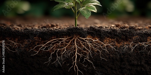 Cross section view of young plant seedling with roots growing in soil.

