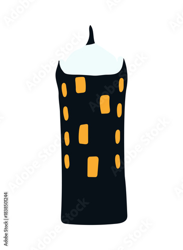 Building, house covered with snow isolated on transparent background. Hand drawn flat vector illustration. Traditional Christmas, New Year, winter, seasonal design element, holiday clip art