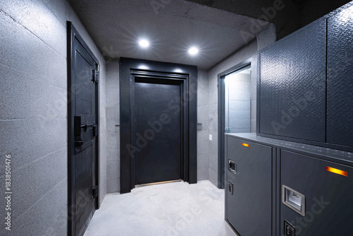 Interior of a bomb shelter featuring reinforced walls and secure storage