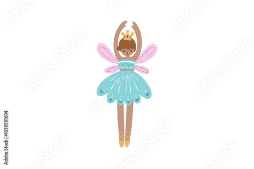 Cute little fairy ballerina princess with crown and pink wings, isolated on transparent background