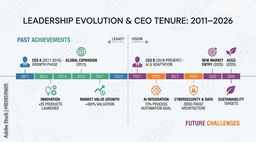 Corporate leadership evolution and CEO tenure timeline infographic from 2011 to 2026 showing past achievements innovation growth and future challenges in cybersecurity sustainability and diversity

