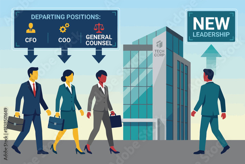 Corporate leadership change executives leaving office new management transition three business leaders departing c suite roles new leadership arriving at modern office building
