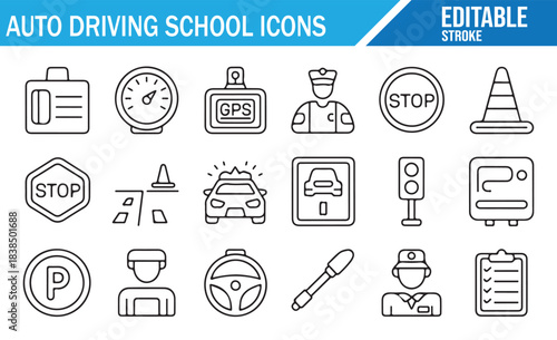 Traffic and driving school editable line icon set for learning platforms