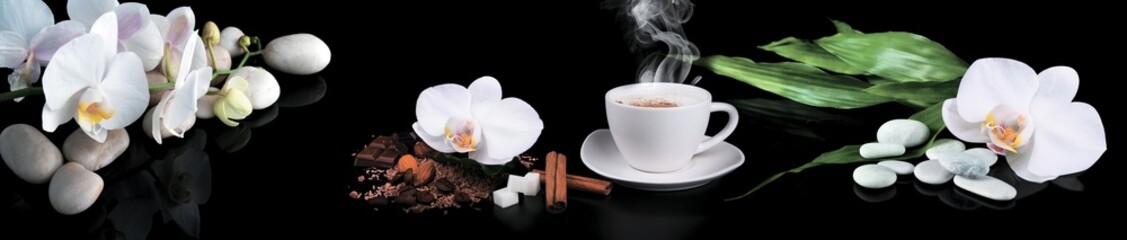 Tableau sur plexiglas Spa Orchidée blanche café chocolat et galets noirs  © MonTeArt