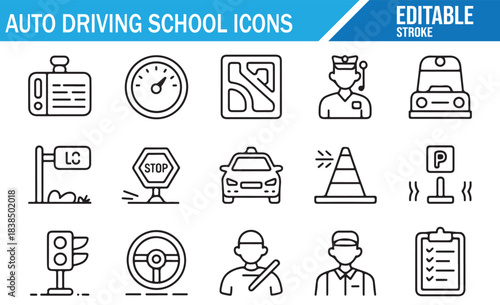 Auto training education outline icon collection with transport and control signs