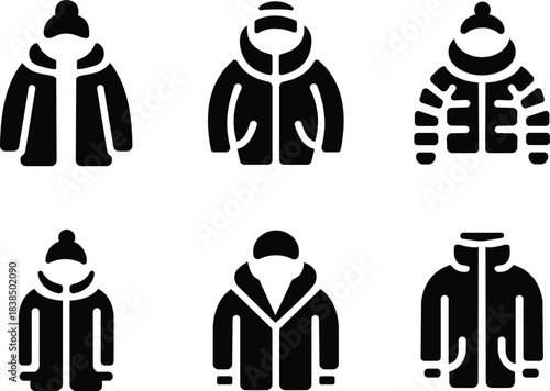 A collection of various black silhouette winter clothing Jacket icon 