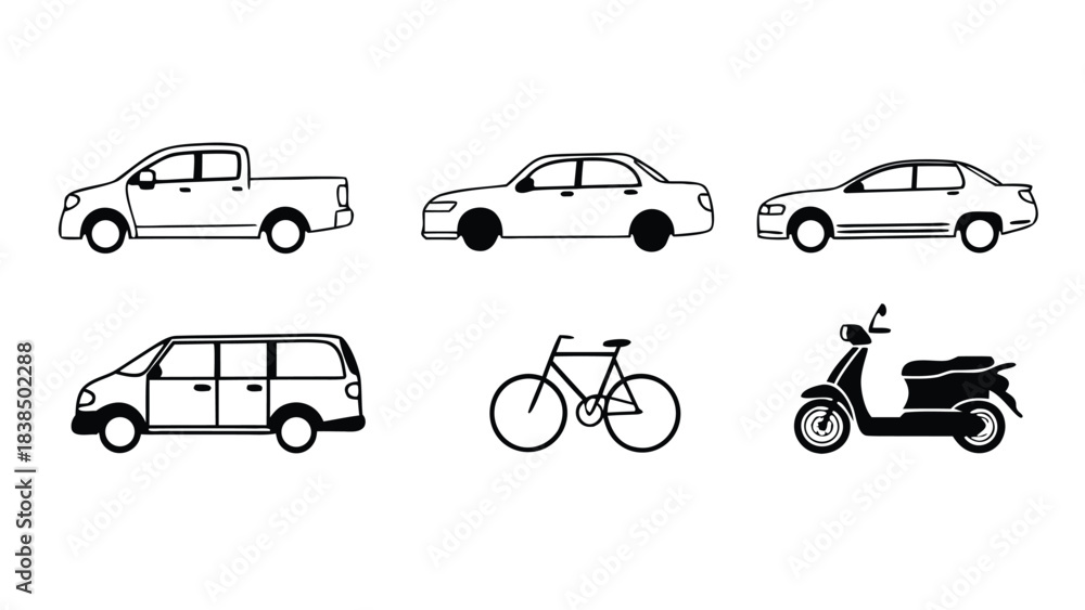 Fototapeta premium Vehicle Silhouette and Outline Vector Pack, CAD Line Art of Cars, Bikes, Scooters & Motorcycles front and side view