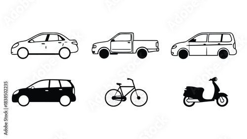 Vehicle Silhouette and Outline Vector Pack, CAD Line Art of Cars, Bikes, Scooters & Motorcycles front and side view