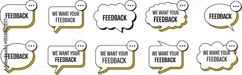 Speech Bubble Icon Set Featuring “Feedback” and “We Want Your Feedback” Messages for Surveys, Customer Service, and UX Design