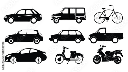 Vehicle Silhouette and Outline Vector Pack, CAD Line Art of Cars, Bikes, Scooters & Motorcycles front and side view