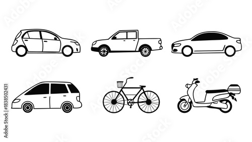 Vehicle Silhouette and Outline Vector Pack, CAD Line Art of Cars, Bikes, Scooters & Motorcycles front and side view