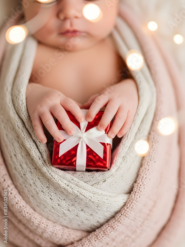 Close-up of a baby holding a small red gift wrapped in a soft blanket with festive lights