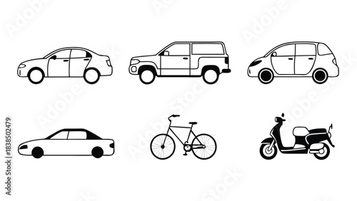 Vehicle Silhouette and Outline Vector Pack, CAD Line Art of Cars, Bikes, Scooters & Motorcycles front and side view