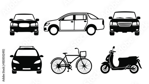 Vehicle Silhouette and Outline Vector Pack, CAD Line Art of Cars, Bikes, Scooters & Motorcycles front and side view