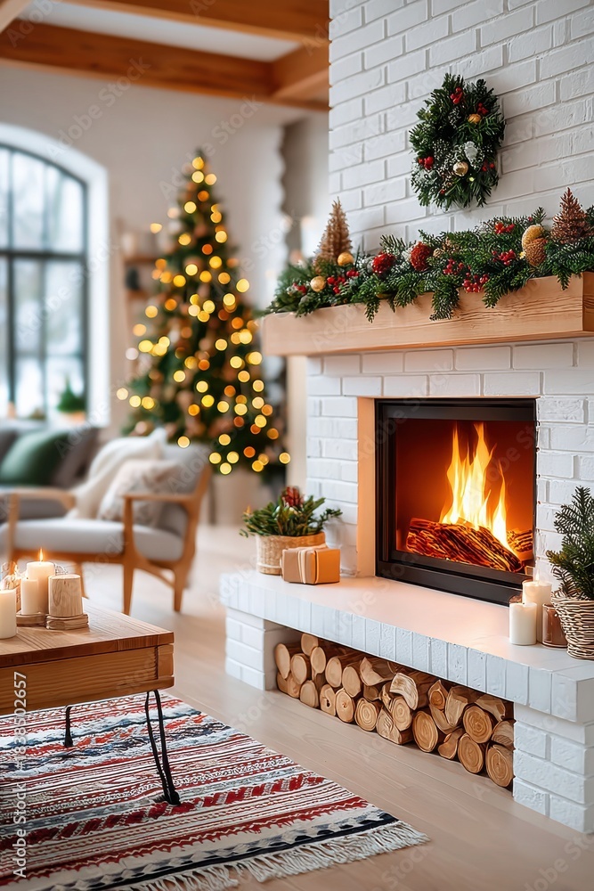 Obraz premium Cozy Christmas living room with a lit fireplace, garlands, wreath, and decorated tree
