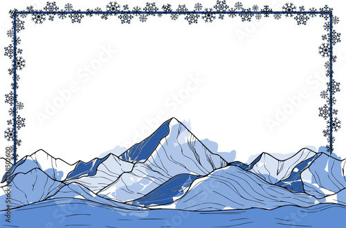 Astonishing winter mountain scenery border decorated with delicate frosty snowflakes is ideal for warm and sincere seasonal greetings