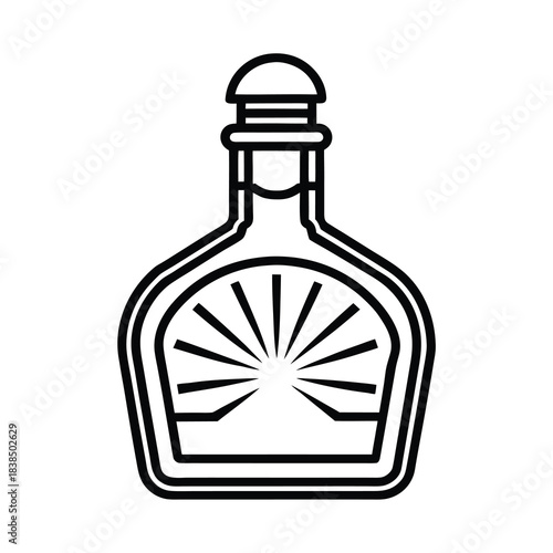 Three isolated transparent glass bottles of perfume, wine, and brandy, all containing a clear liquid beverage