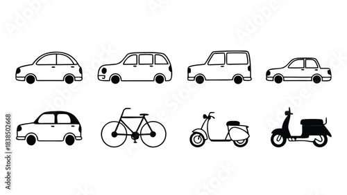 Vehicle Silhouette and Outline Vector Pack, CAD Line Art of Cars, Bikes, Scooters & Motorcycles front and side view