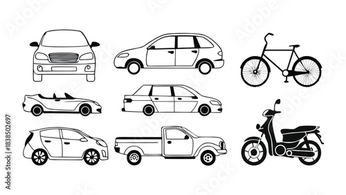 Vehicle Silhouette and Outline Vector Pack, CAD Line Art of Cars, Bikes, Scooters & Motorcycles front and side view