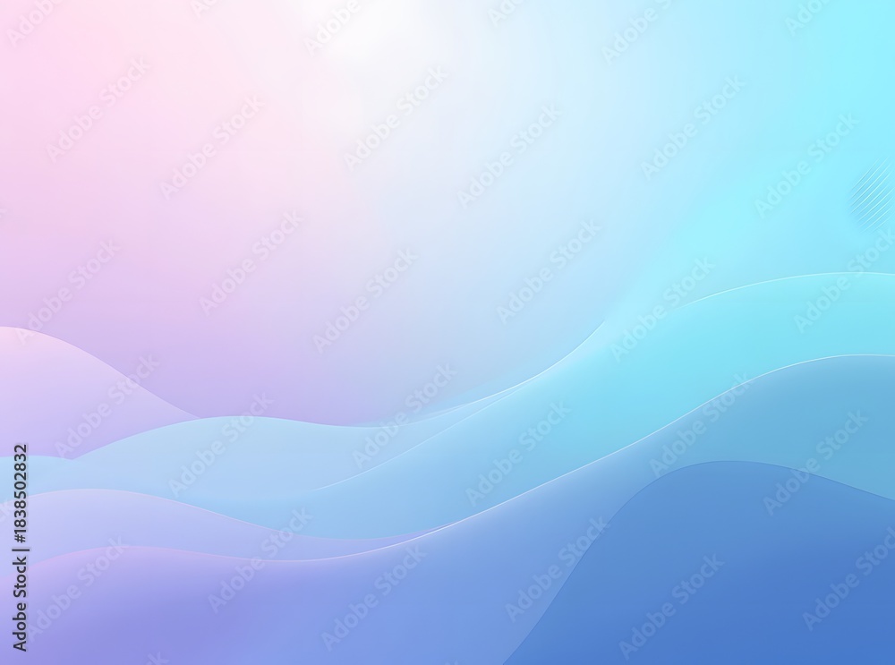 Fototapeta premium Abstract wavy background in soft pastel pink and blue gradient hues, smooth flowing curves and undulating shapes creating a serene and modern digital landscape