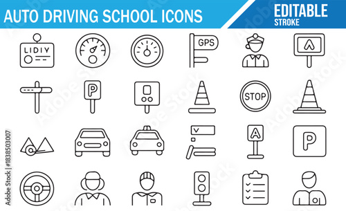 Driving school editable line icons collection with car, road and safety elements