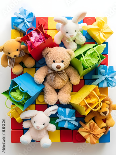 Colorful plush toys and gifts arranged on building blocks for a playful and festive atmosphere