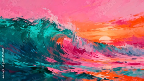 Vibrant oil painting of a crashing ocean wave at sunset with pink and orange sky