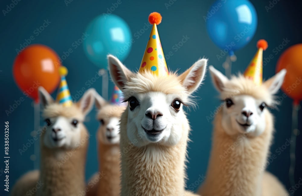 Obraz premium Group of llamas celebrate birthday. Llama wears party hat with colorful balloons. Fun animal gathering celebrates special event. Cute pets enjoy joyful festive atmosphere. Smiling creature in